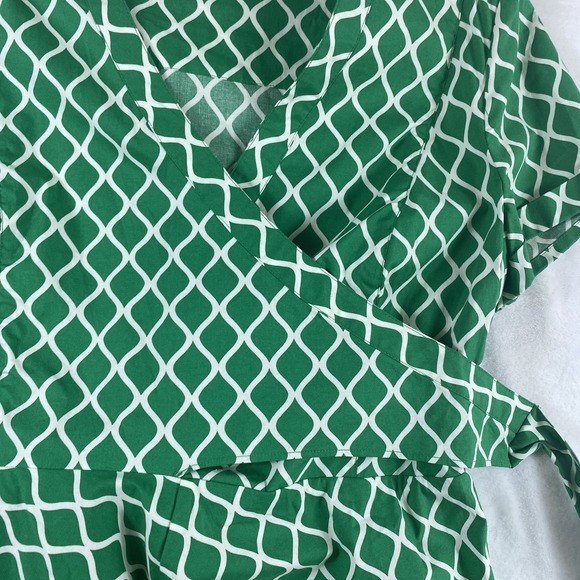 Boden Green Geo Faux Wrap Dress Sz 14 Green Short Sleeve Tradwife Preppy - Picture 11 of 14